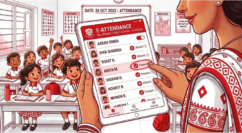 Teacher marking attendance on the Manadori app
